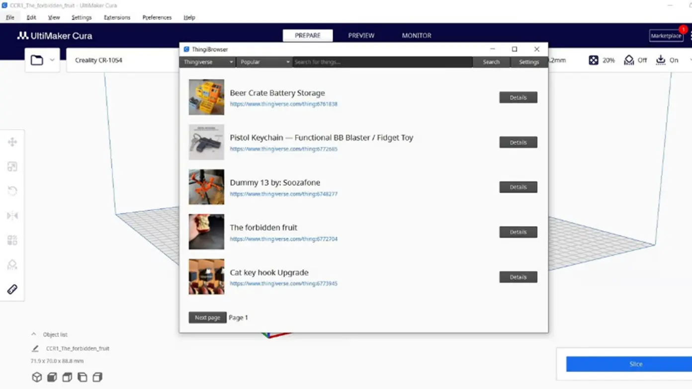 ThingiBrowser: افزونه ای برای جستجوی مدلهای سهبعدی در خود Cura