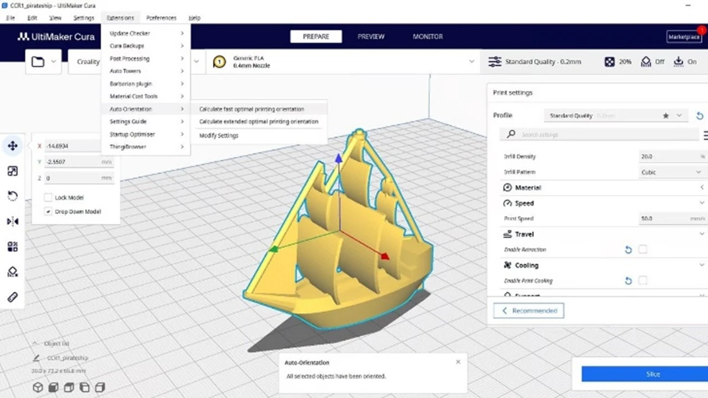 Auto-Orientation: یکی از بهترین پلاگینهای cura برای بهینهسازی زاویه مدل برای چاپ بهتر
